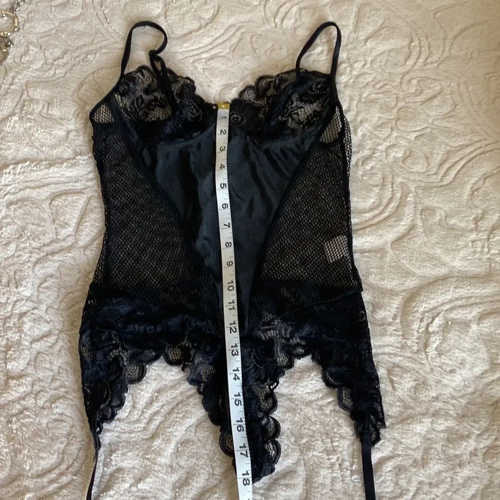 Teddy Black with floral Lace and Mesh. Hosiery Straps for a Sexy Fun Look